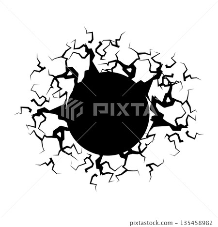 Abstract Cracked Wall or Broken Ground Silhouette with Central Dark Hole for Impact or Disaster Concept 135458982