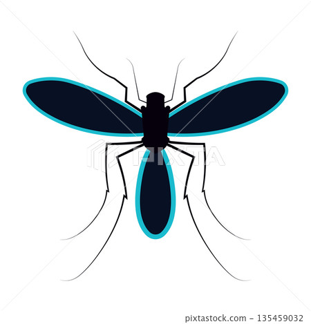 Top View Mosquito Icon with Blue Outlines, Scientific Symmetrical Insect Illustration for Healthcare and Pest Control 135459032