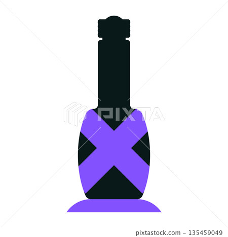 Black liquor bottle silhouette with a purple cross label and base, isolated on a white background. Unique graphic for spirit brand identity or nightlife marketing. Black liquor bottle silhouette with a purple cross label and base, isolated on a white background. Unique graphic for spirit brand identity or nightlife marketing. 135459049