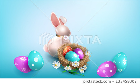 Happy Easter. Festive blue arrangement with a straw nest and a bunny with Easter eggs 135459302