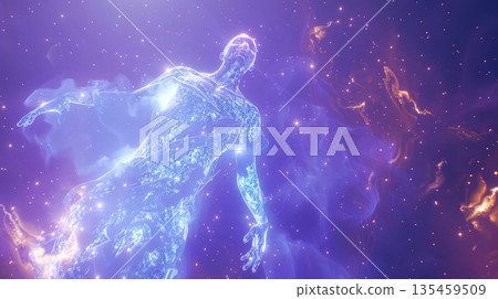 An ethereal being radiates light while levitating in a boundless cosmic realm filled with vibrant stars and swirling nebulae 135459509