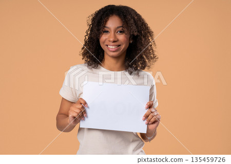 African Woman Horizontal White A4 Paper Poster. Copy Space. Mock-up Banner, Add 135459726