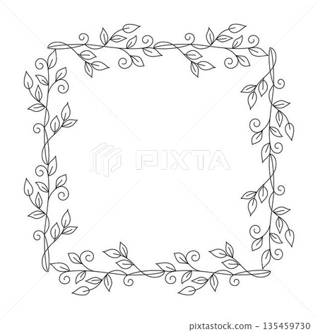 Thin elegant festive square floral frame decorative outline hand drawn illustration, linear ornament made of leaves and vines for greeting card, invitation, banner, other design purposes 135459730