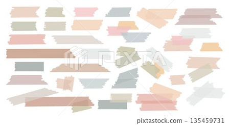 Set of washi tape strips in neutral pastel tones aesthetic collection, parts of scotch semi-transparent textures and torn edges, perfect for digital scrapbooking, planner stickers, minimal DIY design 135459731