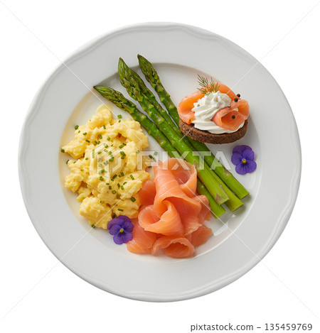Gourmet breakfast or brunch platter with scrambled eggs, smoked salmon, grilled asparagus, isolated on transparent background 135459769