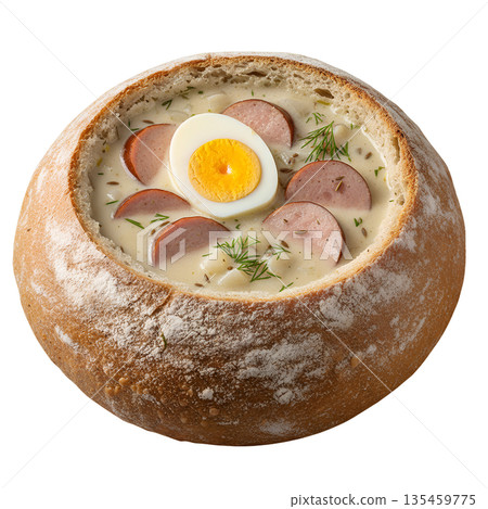 Traditional polish zurek, hearty rye sour soup, served in rustic bread bowl with sausage, egg, herbs. Comforting easter dish 135459775