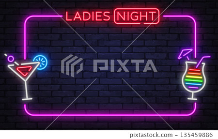 Bold neon ladies night frame with colorful drinks and clean typography. Perfect for club promotions, party flyers, or nightlife visuals. 135459886