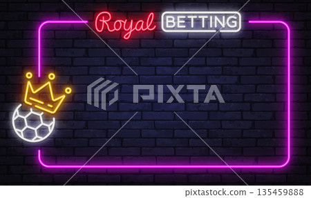 Neon royal betting frame with crown and football symbol on dark wall. Luxurious glow fits premium sportsbook branding and promotions. 135459888