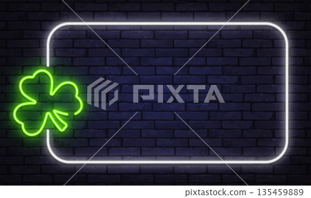 Neon frame with green clover symbol, designed for luck themes and casino visuals. Soft light adds positive and playful mood. 135459889