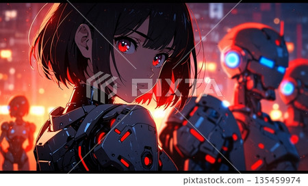 A beautiful girl with red eyes and a robot world A beautiful girl with red eyes and a robot world 135459974