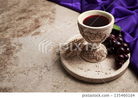 Holy communion eucharist with chalice red wine wheat grapes Holy communion eucharist with chalice red wine wheat grapes 135460184