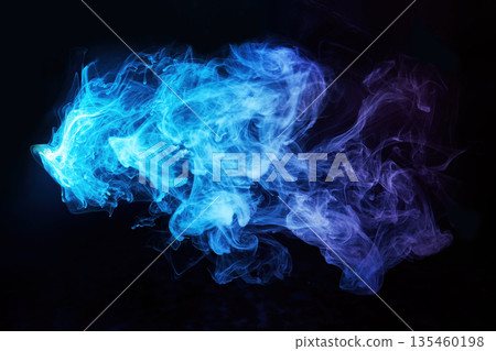 Abstract blue and purple smoke swirling on black Abstract blue and purple smoke swirling on black 135460198