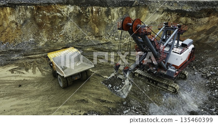 Excavator loading dump truck in open pit mine. Stock clip 135460399