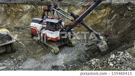 Excavator loading dump truck in open pit mine. Stock clip 135460413
