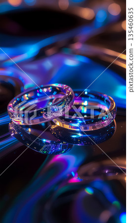 一枚戒指在耀眼的霓虹燈光下漂浮的特寫鏡頭 / 一種展現未來主義和奇幻感的裝飾材料 135460635