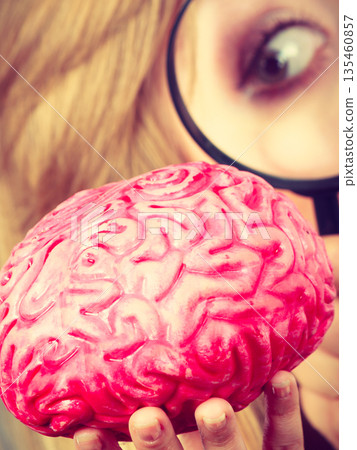 Woman holding magnifying glass investigating brain Woman holding magnifying glass investigating brain 135460857