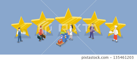 3D Isometric Flat Vector Illustration of Hotel Banner, Hotel Staff Team With Five Stars 3D Isometric Flat Vector Illustration of Hotel Banner, Hotel Staff Team With Five Stars 135461203