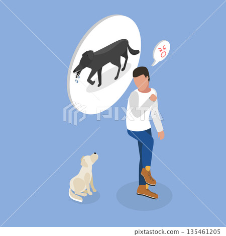 3D Isometric Flat Vector Illustration of Cynophobia, Fear Of Dogs, Mans Bad Experience Typifies Common Human Fear Concept 135461205