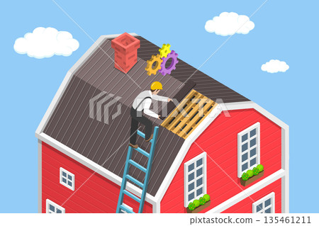 3D Isometric Flat Vector Illustration of Roof Renovation, Building Repair 135461211