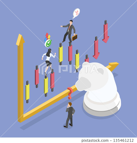3D Isometric Flat Vector Illustration of Bearish Trading, Bear Chess Piece With Stock Market Element 135461212