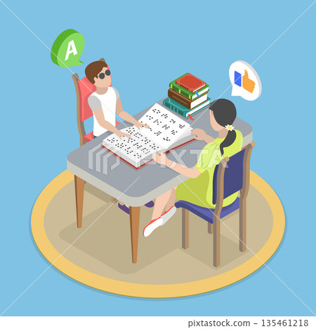 3D Isometric Flat Vector Illustration of Braille Book Reading, Teacher And Special Needs Student Promote Education And Inclusion 3D Isometric Flat Vector Illustration of Braille Book Reading, Teacher And Special Needs Student Promote Education And Inclusion 135461218