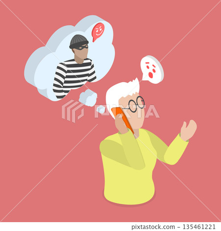 3D Isometric Flat Vector Illustration of Phone Scam, Senior Woman Conversing With Scammer Attempting To Obtain Bank Account Password 135461221