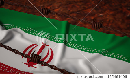 Iran National Flag with Barbed Wire Symbolizing Sanctions and Political Isolation 3d render. Iran National Flag with Barbed Wire Symbolizing Sanctions and Political Isolation 3d render. 135461406