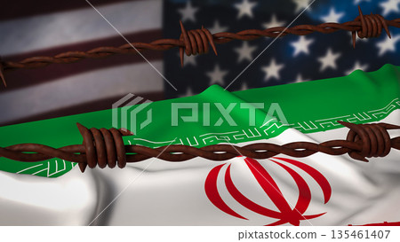 United States and Iran Tension Under Sanctions and Geopolitical Conflict Concept 3d render. United States and Iran Tension Under Sanctions and Geopolitical Conflict Concept 3d render. 135461407