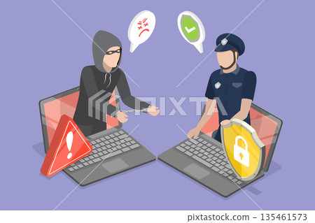 3D Isometric Flat Vector Illustration of Cybercrime Arrest, Digital Cop Capturing Hacker, Promoting Cyber Security And Prevention 135461573