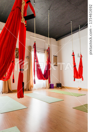 Empty aerial yoga studio ready for wellness fitness 135461692