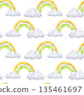 Seamless pattern rainbow in Irish national flag colors, green white orange and fluffy clouds. Happy Saint Patrick's Day. Watercolor hand drawn illustration background. Lucky item, fortune symbol. 135461697