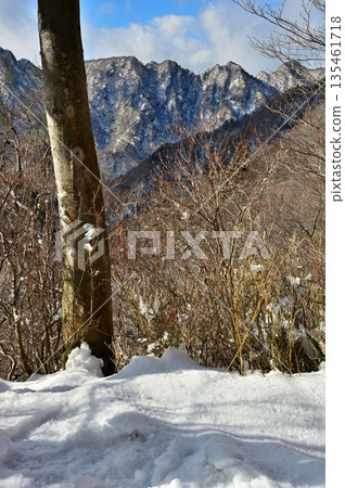 Mount Echizen in the Aitaka Mountains: Snow-capped Mount Nokogiri, Mount Horai (Mount Horai), and Mount Yobuko from the Nokogiri-dake Observatory Mount Echizen in the Aitaka Mountains: Snow-capped Mount Nokogiri, Mount Horai (Mount Horai), and Mount Yobuko from the Nokogiri-dake Observatory 135461718