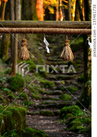 Mount Echizen in the Aitaka Mountains: The shrine gate and approach to the mountain shrine Mount Echizen in the Aitaka Mountains: The shrine gate and approach to the mountain shrine 135461738
