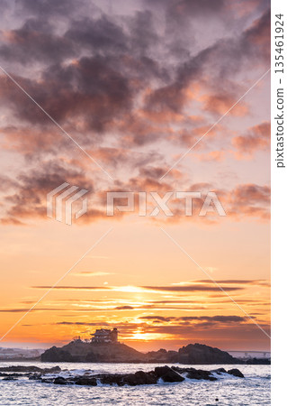 Aomori Prefecture: Dramatic evening view of Kabushima Island, Tanesashi Coast, Hachinohe City Aomori Prefecture: Dramatic evening view of Kabushima Island, Tanesashi Coast, Hachinohe City 135461924