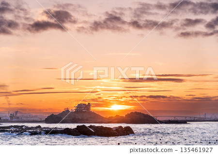 Aomori Prefecture: Dramatic evening view of Kabushima Island, Tanesashi Coast, Hachinohe City 135461927
