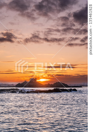Aomori Prefecture: Dramatic evening view of Kabushima Island, Tanesashi Coast, Hachinohe City Aomori Prefecture: Dramatic evening view of Kabushima Island, Tanesashi Coast, Hachinohe City 135461928