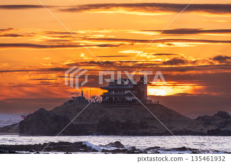 Aomori Prefecture: Dramatic evening view of Kabushima Island, Tanesashi Coast, Hachinohe City Aomori Prefecture: Dramatic evening view of Kabushima Island, Tanesashi Coast, Hachinohe City 135461932