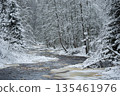 a calm winding river in a snowy forest, trees under the snow in the forest, peace and quiet, reflection on the water, without people 135461976