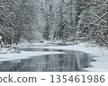 a calm winding river in a snowy forest, trees under the snow in the forest, peace and quiet, reflection on the water, without people 135461986