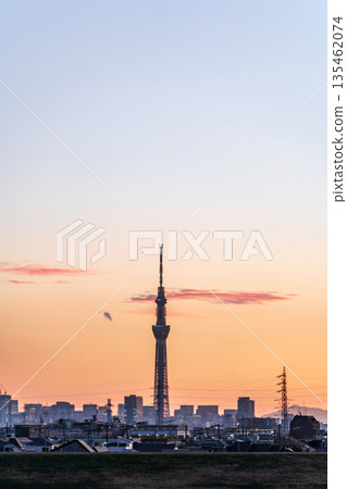 "Chiba Prefecture" View of Tokyo Skytree at dusk from the Edogawa River riverbed "Chiba Prefecture" View of Tokyo Skytree at dusk from the Edogawa River riverbed 135462074
