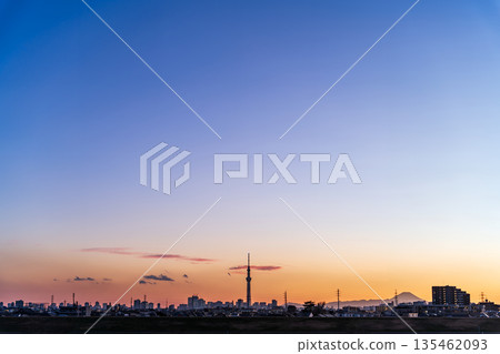 "Chiba Prefecture" View of Tokyo Skytree at dusk from the Edogawa River riverbed "Chiba Prefecture" View of Tokyo Skytree at dusk from the Edogawa River riverbed 135462093
