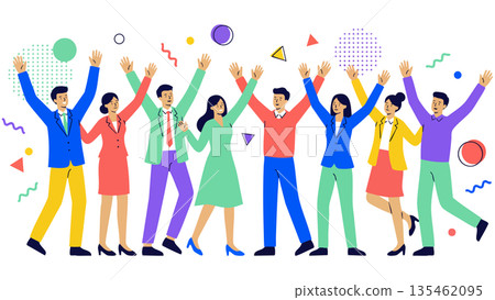 一幅插圖描繪了一個多元化的商業團隊在達成目標後慶祝的場景，他們在漫天飛舞的彩帶中高舉雙臂。 135462095