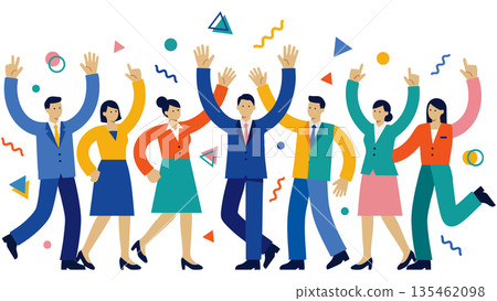 一幅插圖描繪了一個多元化的商業團隊在達成目標後慶祝的場景，他們在漫天飛舞的彩帶中高舉雙臂。 135462098