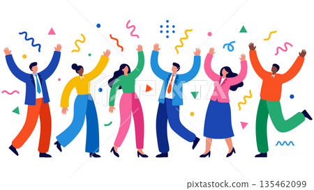 一幅插圖描繪了一個多元化的商業團隊在達成目標後慶祝的場景，他們在漫天飛舞的彩帶中高舉雙臂。 135462099
