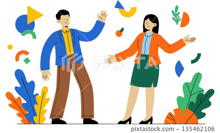 一幅插圖描繪了一個多元化的商業團隊在達成目標後慶祝的場景，他們在漫天飛舞的彩帶中高舉雙臂。 135462106