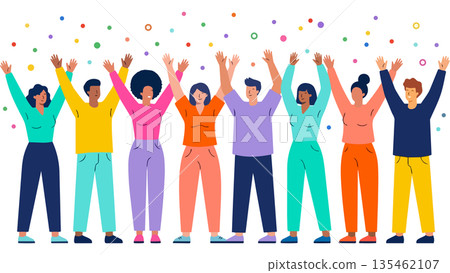 一幅插圖描繪了一個多元化的商業團隊在達成目標後慶祝的場景，他們在漫天飛舞的彩帶中高舉雙臂。 135462107