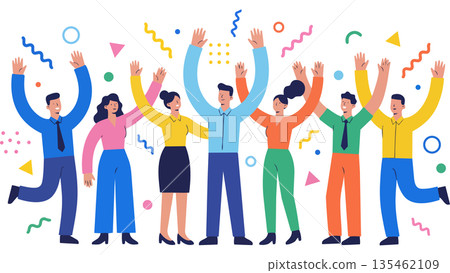 一幅插圖描繪了一個多元化的商業團隊在達成目標後慶祝的場景，他們在漫天飛舞的彩帶中高舉雙臂。 135462109