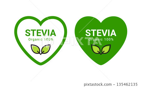 Stevia organic sweetener label in green heart shape. Natural healthy food branding with leaves Stevia organic sweetener label in green heart shape. Natural healthy food branding with leaves 135462135