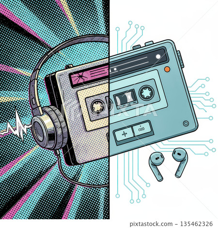 A pop-art illustration contrasting music's past and present, showing the evolution from a retro cassette player with wired headphones to a modern, wireless version.. High quality photo A pop-art illustration contrasting music's past and present, showing the evolution from a retro cassette player with wired headphones to a modern, wireless version.. High quality photo 135462326