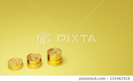 Gold coins on the left and white space on the right on a yellow background. Image of prosperity, good fortune, and positive asset formation. 135462428